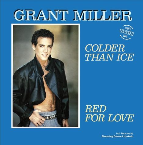 "Grant Miller: Colder Than Ice, Red For Love" steht in blauer Schrift auf einem Bild von einem Mann in Lederjacke.