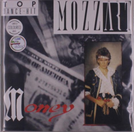 Texte: "TOP DANCE-HIT", "MOZZART", "Money", "LIMITED COLOURED VINYL". Rechts eine Person in kostümartiger Kleidung.