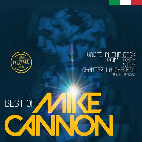 Texte: "VOICES IN THE DARK", "GOIN' CRAZY", "STAY", "CHANTEZ LA CHANSON", "BEST OF MIKE CANNON". Geometrische Kunst mit Gesicht und Lichtstrahlen.