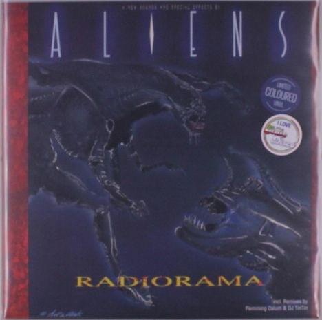 "ALIENS", "RADIORAMA", Sticker: "LIMITED COLOURED VINYL", "I LOVE DISCO". Illustration zweier bedrohlicher Kreaturen.