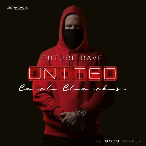 "Future Rave", "UNITED", "Cam Clarks", "The Gods Awaken". Eine Person in rotem Hoodie mit Maske.