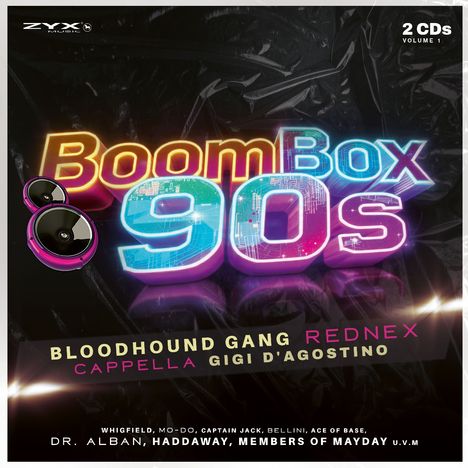 "BoomBox 90s", 2 CDs Volume 1, Bloodhound Gang, Rednex, Cappella, Gigi D'Agostino; bunte Schrift vor dunklem Hintergrund.