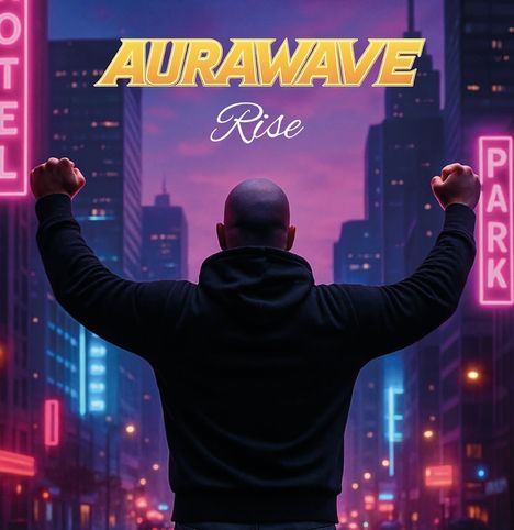Oben steht "AURAWAVE", darunter "Rise". Eine Person hebt triumphierend die Arme, umgeben von neonbeleuchteten Gebäuden.