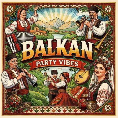 "Balkan Party Vibes" steht groß im Zentrum. Illustration: Menschen in traditioneller Kleidung mit Instrumenten vor Bergkulisse.