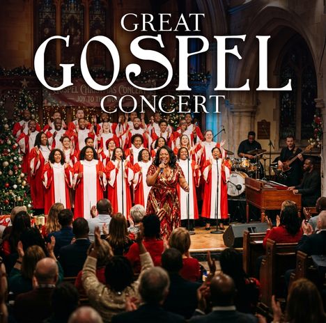 Text: "Great Gospel Concert." Ein Chor in roten Roben singt in einer festlich geschmückten Kirche. Auftritt der Band im Hintergrund.