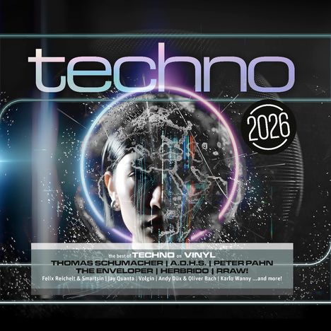 Großer Text "techno", rundes Logo mit "2026". Gesicht mit digitalen und abstrakten Mustern im Hintergrund.