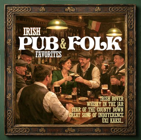 "IRISH PUB & FOLK FAVORITES" und Liedtitel. Illustration von Menschen in einem Pub, die fröhlich anstoßen.