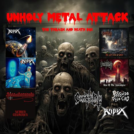 Unholy Metal Attack, The Thrash and Death Box. Cover mit düsteren Skeletten und sechs Alben-Covern im Hintergrund.