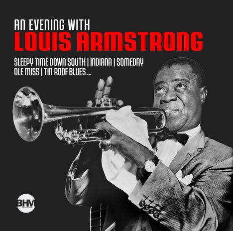 "An Evening with Louis Armstrong" steht über einem Foto von Louis Armstrong, der Trompete spielt. Links befindet sich ein Logo.