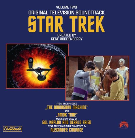 "Volume Two, Original Television Soundtrack, Star Trek." Zwei Bilder: Raumschiff vor Explosion, zwei Personen im Kampf mit Stäben.