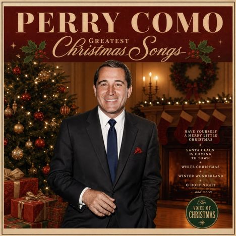 "Perry Como Greatest Christmas Songs" enthält eine Liste von Liedern. Ein Mann im Anzug vor einem festlich dekorierten Raum.