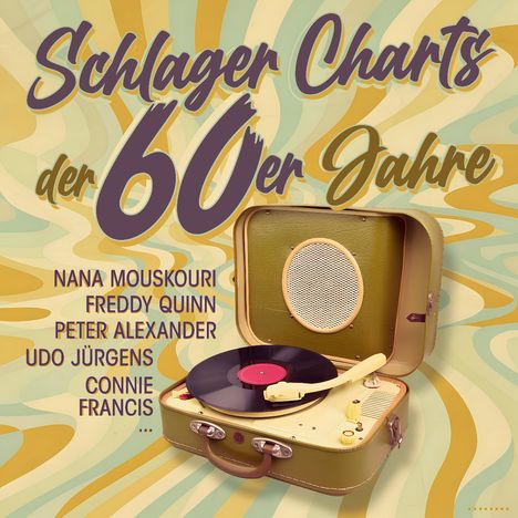 "Schlager Charts der 60er Jahre" steht groß, darunter Sänger wie Nana Mouskouri. Ein Retro-Plattenspieler rechts.