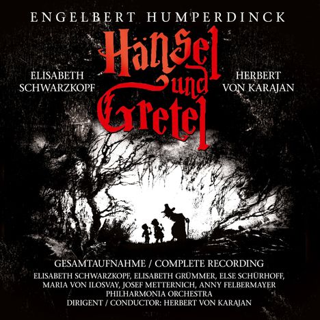Text: "Hänsel und Gretel" in roter Schrift. Silhouetten im Wald, Kinder und Hexe.