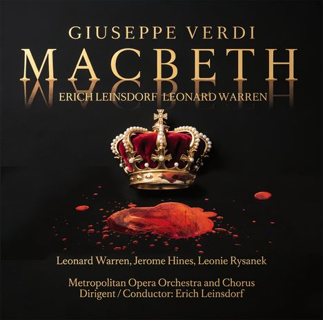 Text: "Giuseppe Verdi Macbeth, Erich Leinsdorf Leonard Warren." Krone auf schwarzem Hintergrund, Blutflecken darunter.