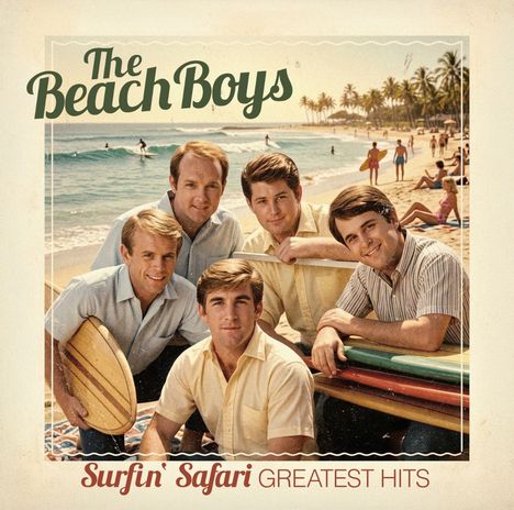 Text: "The Beach Boys", "Surfin' Safari", "Greatest Hits". Fünf Männer in sommerlicher Kleidung am Strand mit Surfbrettern.