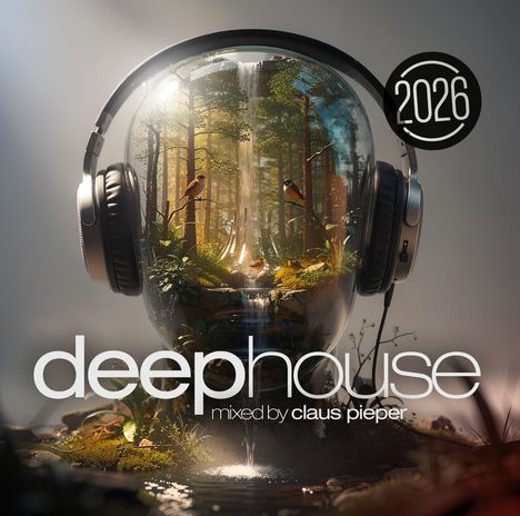 Text: "2026", "deephouse mixed by claus pieper". Illustration: Ein gläserner Kopf mit Kopfhörern, darin ein Wald mit Wasserfall.