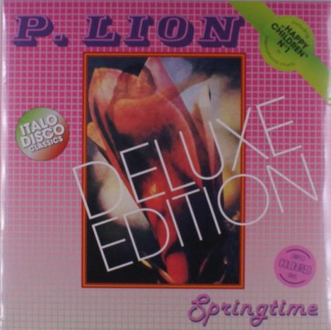 Text: "DELUXE EDITION", "Italo Disco Classics", "Happy Children". Muster: Gitterhintergrund, zentrale abstrakte Illustration.