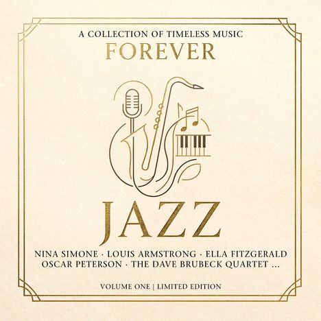 "FOREVER JAZZ. A Collection of Timeless Music. Namen: Nina Simone, Louis Armstrong, Ella Fitzgerald. Illustration: Mikrofon, Saxophon, Klaviertasten."