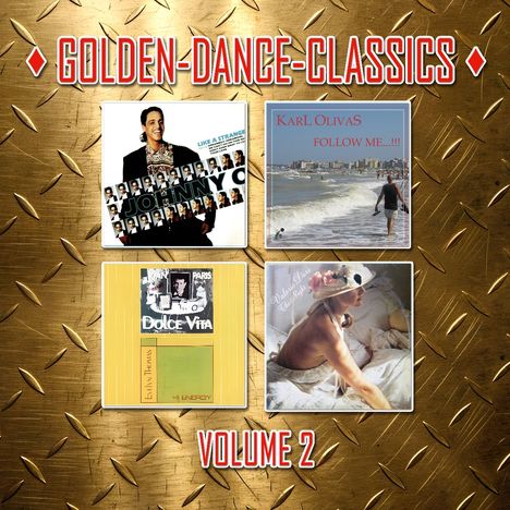 "Golden-Dance-Classics", "Volume 2"; vier Albumcover auf metallischem Hintergrund.