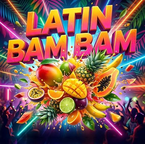 Text: "LATIN BAM BAM". Eine Explosion tropischer Früchte mit tanzender Menschenmenge und bunten Lichtern im Hintergrund.