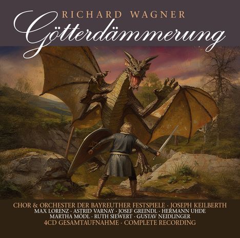 Text: "Richard Wagner Götterdämmerung". Darunter kämpft ein Krieger mit einem großen Drachen in einer Waldlandschaft.