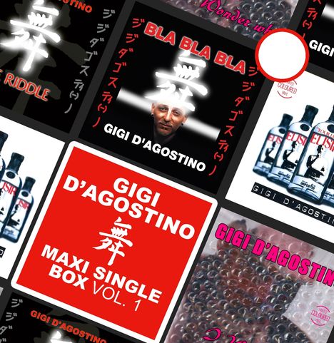 GIGI D'AGOSTINO, MAXI SINGLE BOX VOL. 1, BLA BLA BLA, rote und weiße Texte auf verschiedenen Hintergrundbildern.