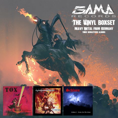 ZAMA RECORDS; THE VINYL BOXSET; HEAVY METAL FROM GERMANY; drei Coverabbildungen mit dunklem, feurigem Reiter oben.