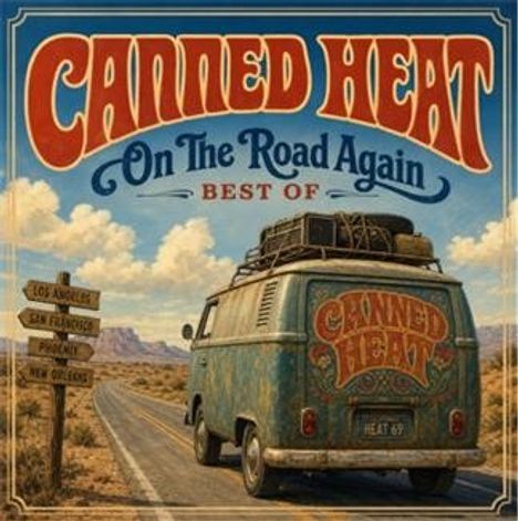 „Canned Heat Best Of: On The Road Again“. Gelbes Hintergrund, schwarz-weiße Grafik von Musikern. Vintage-Stil.