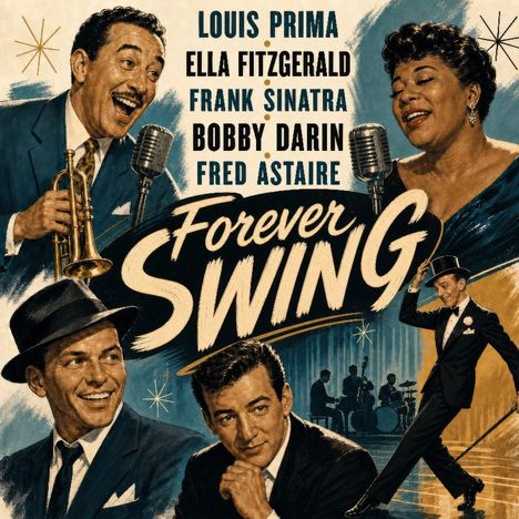 Die Namen "Louis Prima, Ella Fitzgerald, Frank Sinatra, Bobby Darin, Fred Astaire" und der Titel "Forever Swing" stehen im Mittelpunkt. Es ist eine Illustration mit lächelnden Musikern und einem Tänzer.