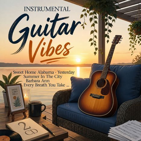 Texte: "Instrumental Guitar Vibes", Liedtitel. Gitarren-Illustration auf Veranda, Sonnenuntergang über See, entspannte Stimmung.