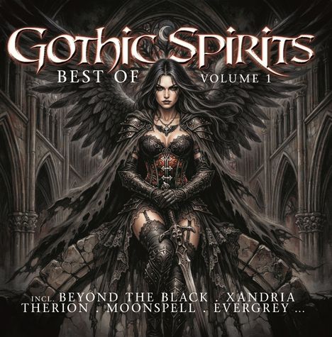 „Gothic Spirits Best Of Volume 1“ steht oben über einer dunkel gekleideten Frau mit Flügeln in gotischer Architektur.