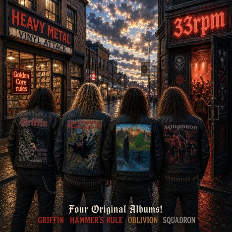 Vier Personen mit Bedruck auf Jacken stehen vor einem Retro-Metal-Plattenladen in einer stimmungsvollen Abendkulisse.
