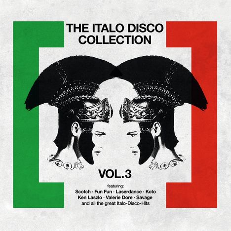"The Italo Disco Collection Vol. 3" und Künstlernamen. Zwei spiegelgleiche Kriegerprofile, Flächen in Grün und Rot.