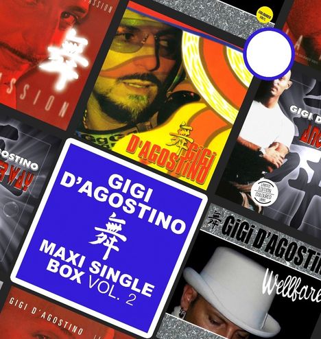 Collage mit diversen Albumcovern: „GIGI D'AGOSTINO MAXI SINGLE BOX VOL. 2“ in großer blauen Fläche zentriert.