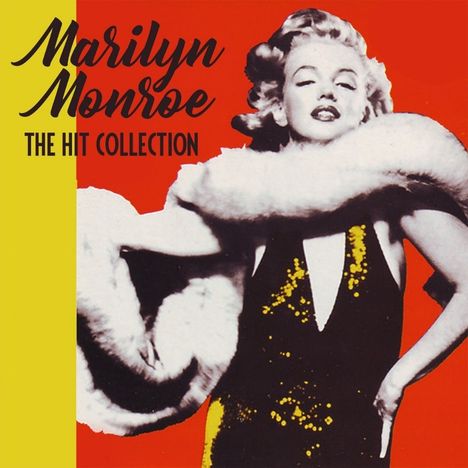 "Marilyn Monroe, THE HIT COLLECTION." Ein stilisiertes Bild einer Frau mit Pelzstola, rotem Hintergrund, gelbem Rand.