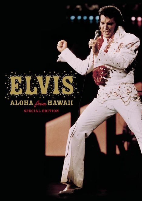 Text: "ELVIS ALOHA from HAWAII SPECIAL EDITION". Eine Person in weißen Bühne-Kostüm und rotem Lei singt energisch in ein Mikrofon.