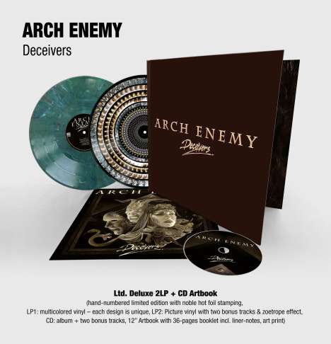 Arch Enemy: Deceivers (Limited Deluxe Multicolored Vinyl + Zoetrope Vinyl + CD Artbook incl. Art Print), 2 LPs und 1 CD
