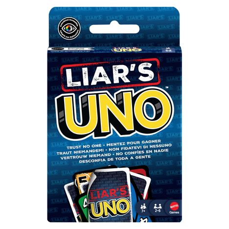 Auf einer Spielverpackung steht "LIAR'S UNO". Darunter: "TRUST NO ONE" in mehreren Sprachen. Enthält Kartenabbildungen.