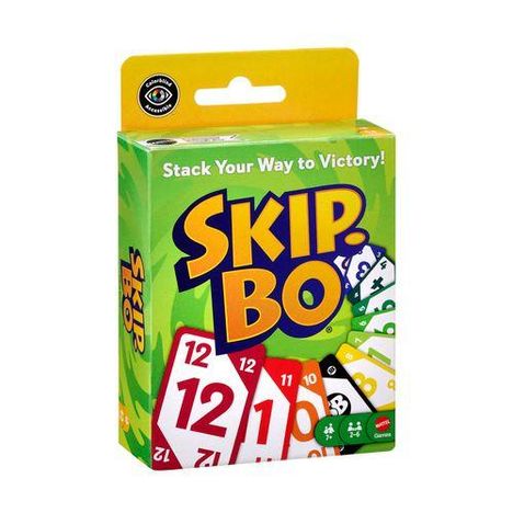 Schachtel mit Text "Stack Your Way to Victory!" und "SKIP-BO". Darunter Spielkarten mit Zahlen und bunten Farben.