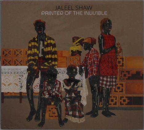 "Jaleel Shaw, Painter of the Invisible." Eine gemalte Szene mit fünf stilisierten Figuren in bunt gemusterten Kleidern.