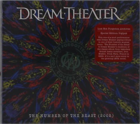 "Dream Theater", "THE NUMBER OF THE BEAST (2002)", psychedelisches Muster in Rot, Blau, Gelb und Schwarz.