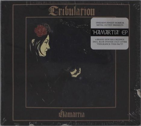 "Sweden's finest horror metal outfit presents 'Hamartia' EP." Illustration einer Frau mit Blume im Haar, Hand erhoben.