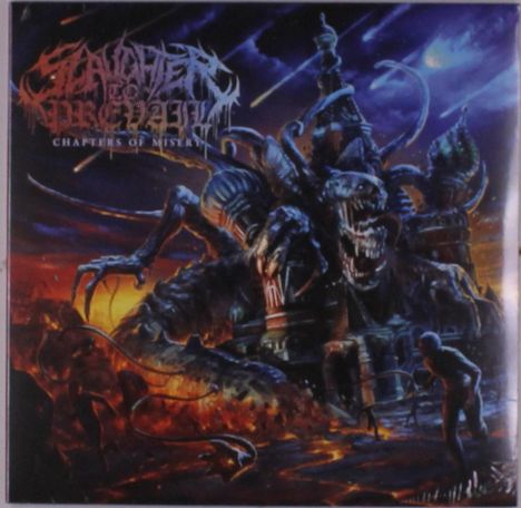 Logo mit Schriftzug „Slaughter to Prevail, Chapters of Misery“. Eine Kreatur mit mehreren Köpfen vor einem dunklen Himmel.