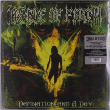 Text oben: "Cradle of Filth". Unten: "Damnation and a Day". Silhouette vor feurigen Flügeln, dunkler und mystischer Hintergrund.