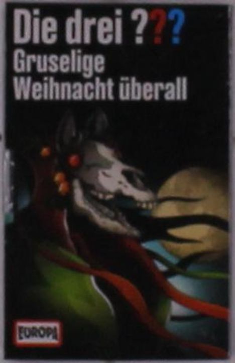 "Die drei ??? Gruselige Weihnacht überall" steht oben. Eine finstere, tierartige Gestalt mit Hörnern vor einem gelblichen Mond.