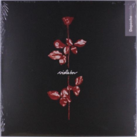 „Violator“ in weißer Schrift. Eine rote Rose mit Stiel und Blättern auf schwarzem Hintergrund, minimalistisch gestaltet.