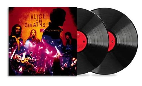 "Alice in Chains MTV Unplugged" steht neben zwei schwarzen Vinyl-Schallplatten. Das Cover zeigt eine Live-Auftrittsszene.