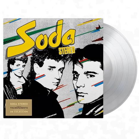 Text: "Soda Stereo", "Vinilo Transparente de Colección". Illustration von drei Männern mit bunten Linien und transparentem Vinyl.