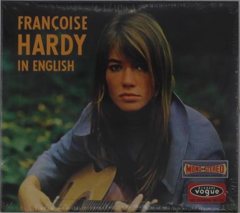 "FRANÇOISE HARDY IN ENGLISH" steht oben. Eine Frau mit langen Haaren hält eine Gitarre in einer Naturkulisse.