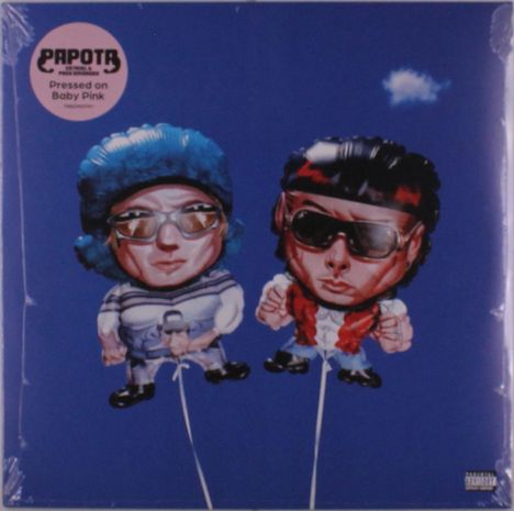 Sticker: "Pressed on Baby Pink". Zwei Cartoon-Figuren mit großen Köpfen, Sonnenbrillen, Ballonähnlich. Blauer Hintergrund.
